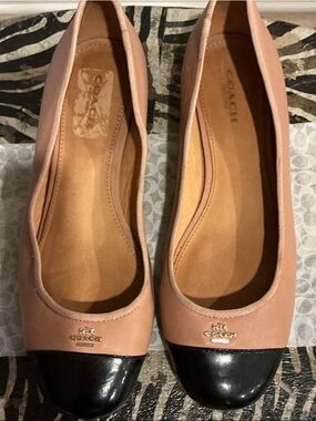 Coach Pink Leather Cap-Toe Ballet Flats with Black Patent Toe
